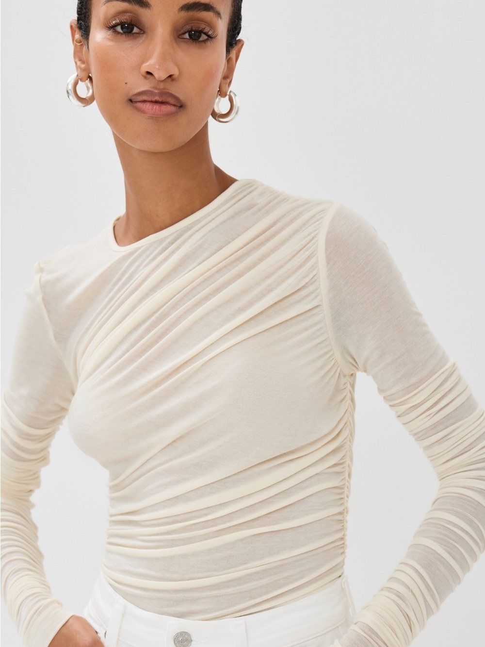 Agolde Ruched Long-Sleeve Crewneck Top in Cream